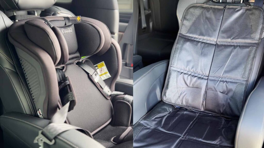 40系アルファードにチャイルドシートマットを敷いた様子。シートの汚れや傷を防ぐ。